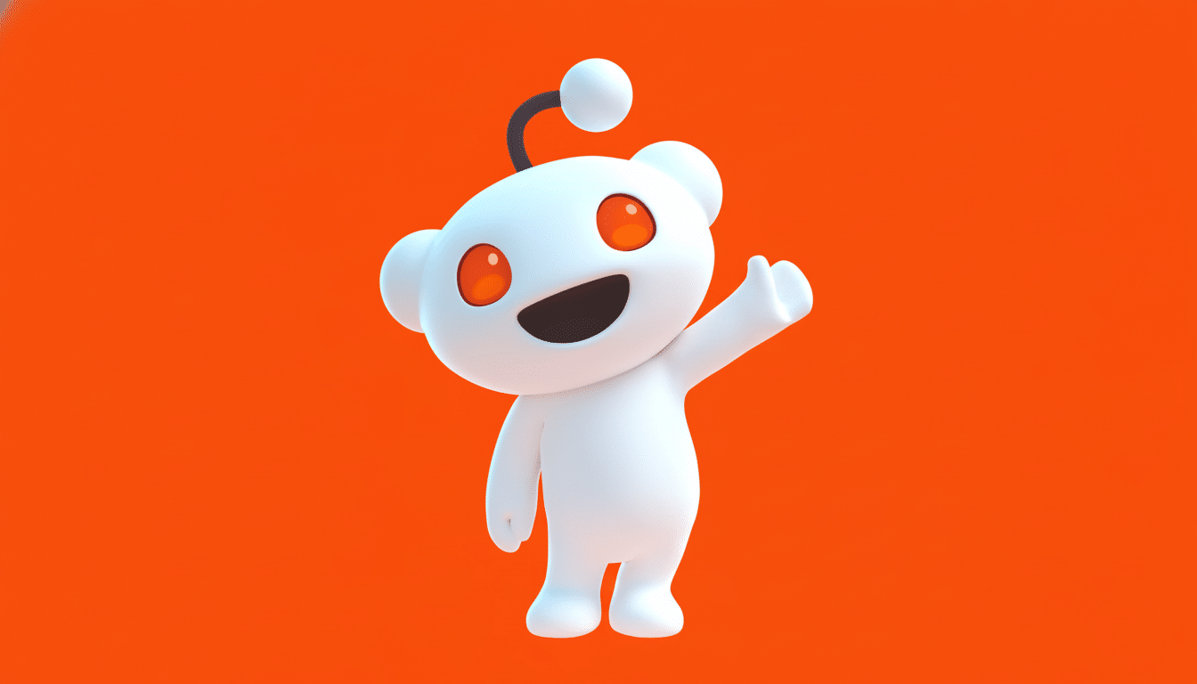 The 3D Reddit alien mascot , Snoo , in white with orange eyes, stands on an orange background , giving a thumbs up.