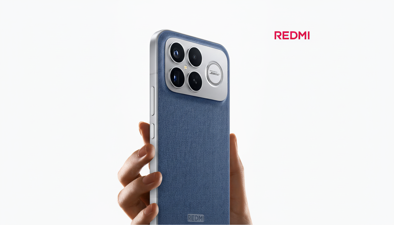 A hand holding a Redmi smartphone with a blue textured back and a prominent camera module, set against a clean white background.