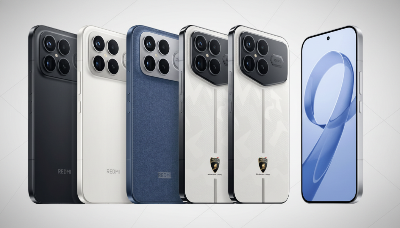 A professional studio shot of five Redmi smartphones in a row, showcasing different colors and textures, including black, white, blue, and a special edition white with a Lamborghini logo. The phones are presented against a clean, light gray background with subtle vertical gradient lines.