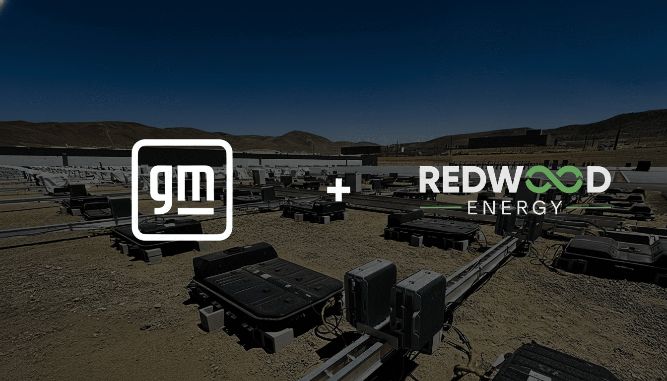 The General Motors ( GM) logo and the Redwood Energy logo are prominently displayed over an industrial landscape with battery components .