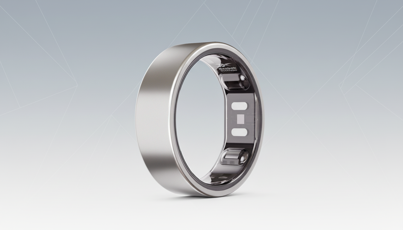 A silver Reebok smart ring with a black interior, featuring the Reebok logo and some internal components, set against a professional flat design background with subtle geometric patterns and a soft gradient.