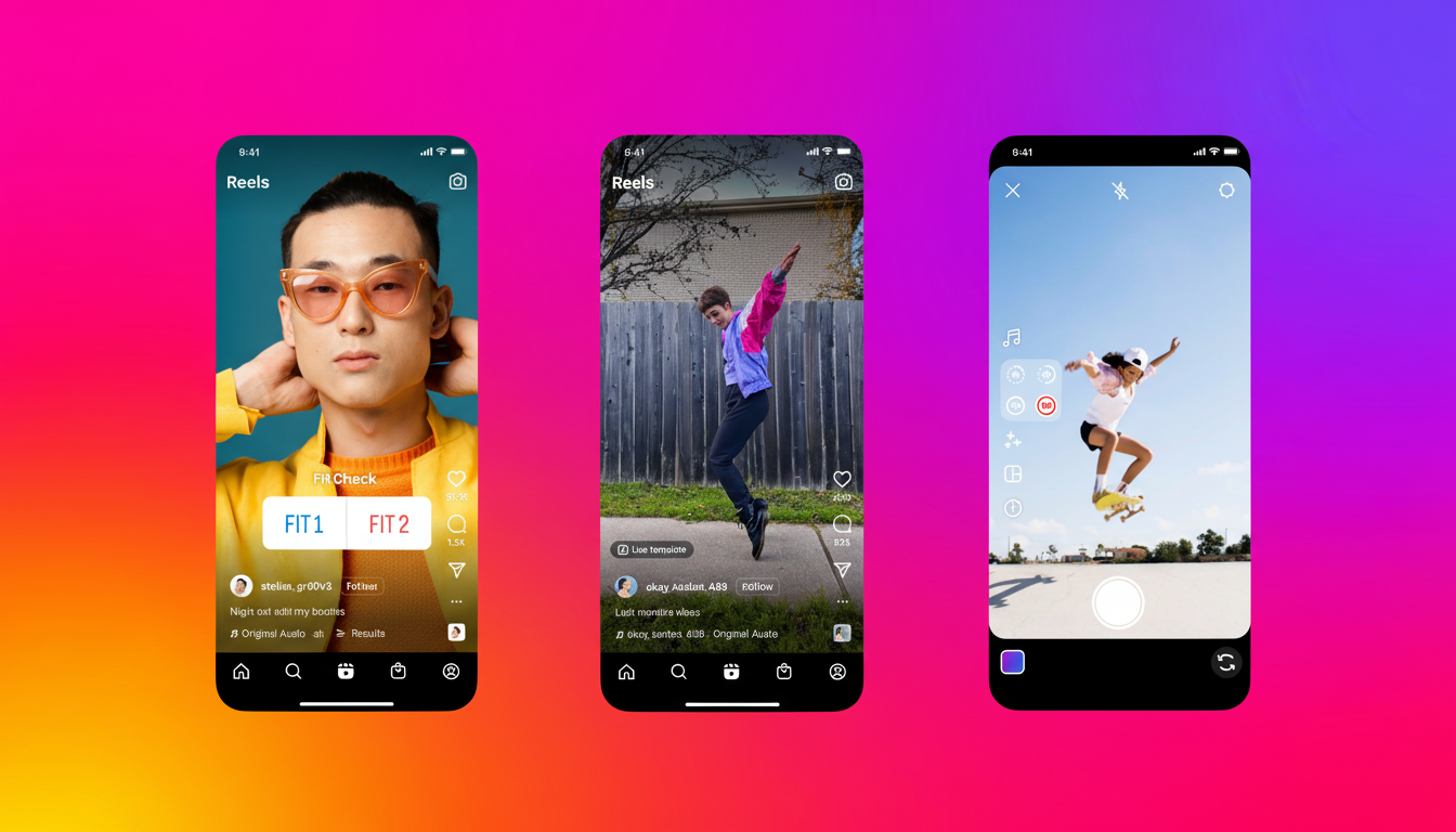 A 16:9 aspect ratio image showing three mobile phones displaying Instagram Reels. The first phone shows a man in orange glasses, the second shows a person jumping in a colorful jacket, and the third shows a person jumping with a skateboard.