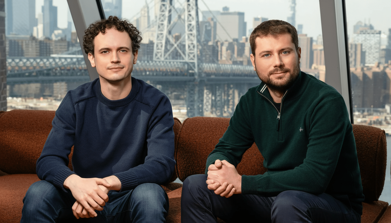 Two men sit on a brown sofa, looking at the camera, with a city skyline and bridge visible through a window behind them .
