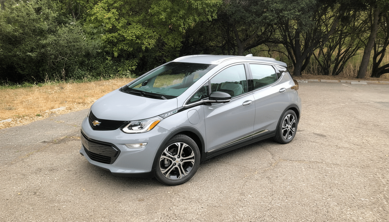A grey Chevrolet Bolt EV parked outdoors with trees in the background , resized to a 16: 9 aspect ratio.