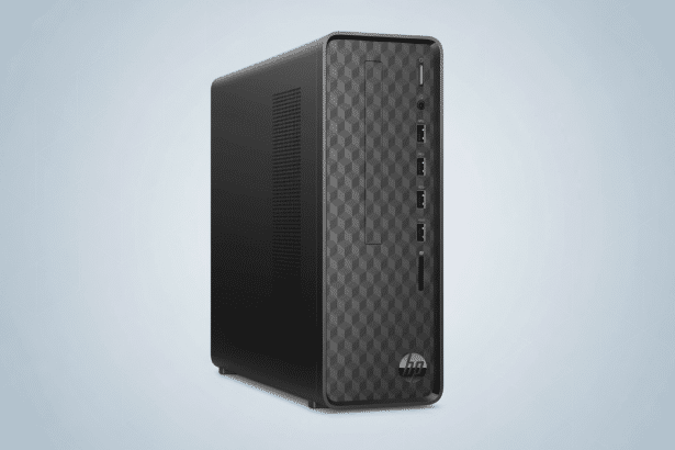 A black HP desktop computer with a textured front panel, shown from a slight angle on a subtle geometric patterned grey background. Filename : hpdesktop computerprofessional . png