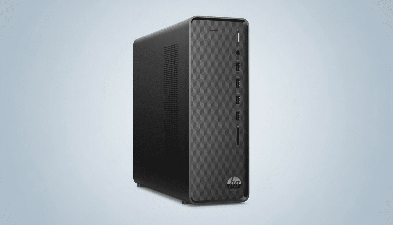 A black HP desktop computer with a textured front panel, shown from a slight angle on a subtle geometric patterned grey background. Filename : hpdesktop computerprofessional . png