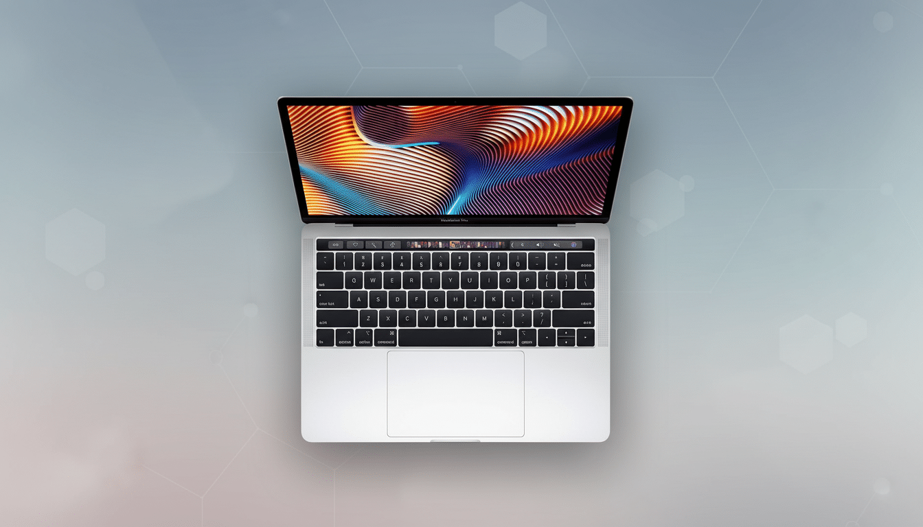 An overhead shot of a silver MacBook Pro with its screen displaying a colorful, abstract wavy pattern, set against a professional light grey background with subtle hexagonal patterns. Filename : macbook prooverhead . png