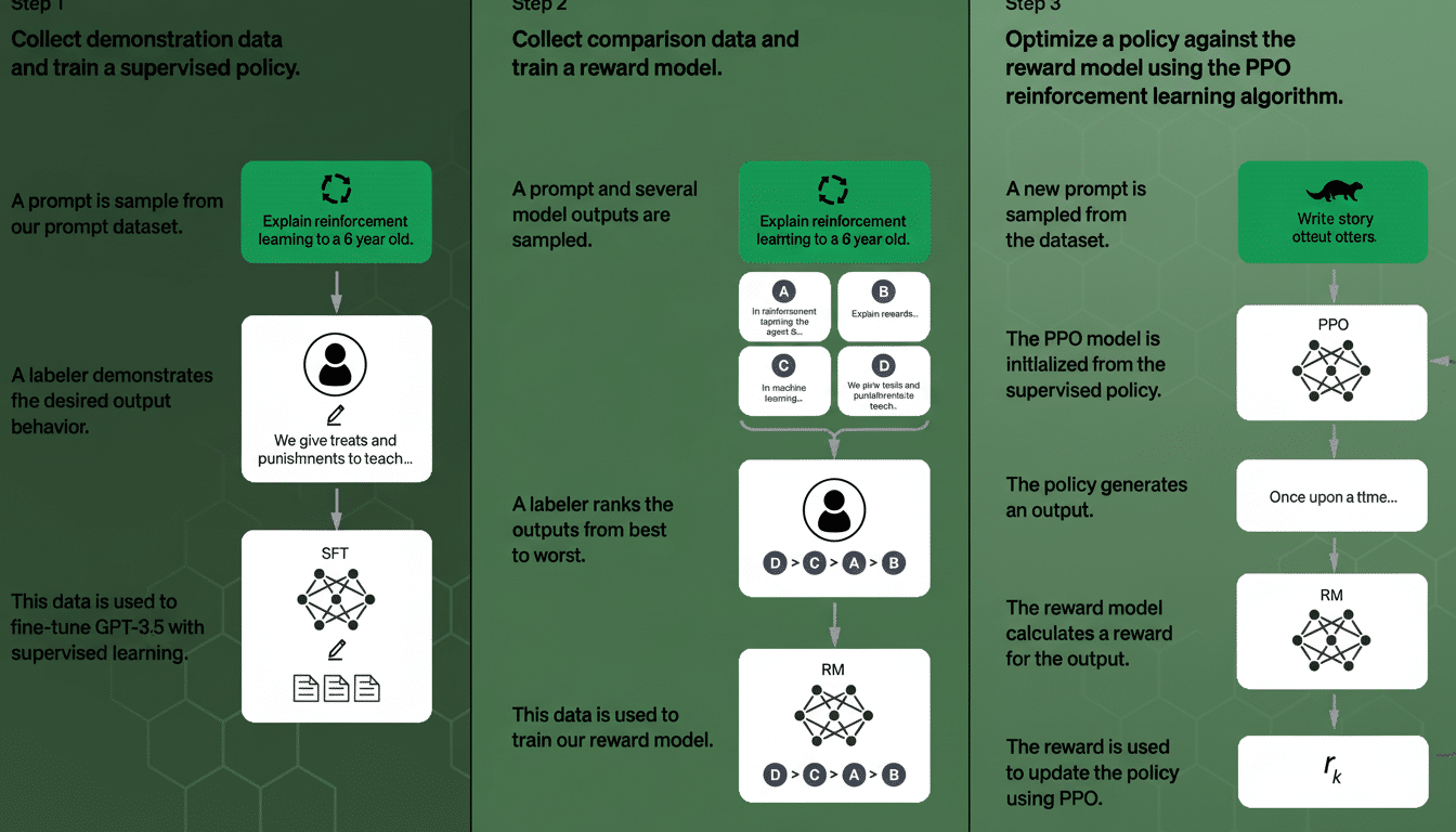 A three-step diagram showing the process of collecting demonstration data and training a supervised policy, collecting comparison data and training a