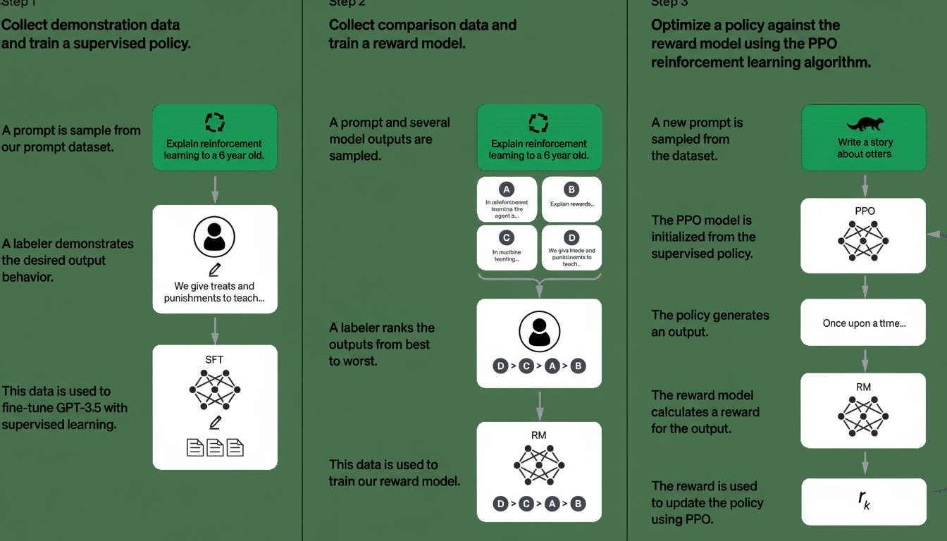 A three-step diagram illustrating the process of training a supervised policy, collecting comparison data to train a reward model , and optimizing a policy using the PPO reinforcement learning algorithm. Each step includes descriptive text and flow charts with interconnected nodes representing different models and data flows .