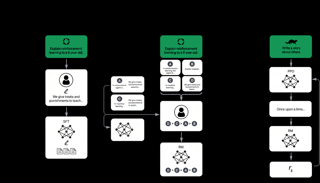 A flowchart demonstrating different approaches to reinforcement learning, including explanations for a 6 -year-old , a detailed step-by- step process, and a story- based learning model, all presented against a dark background with interconnected nodes and labels .