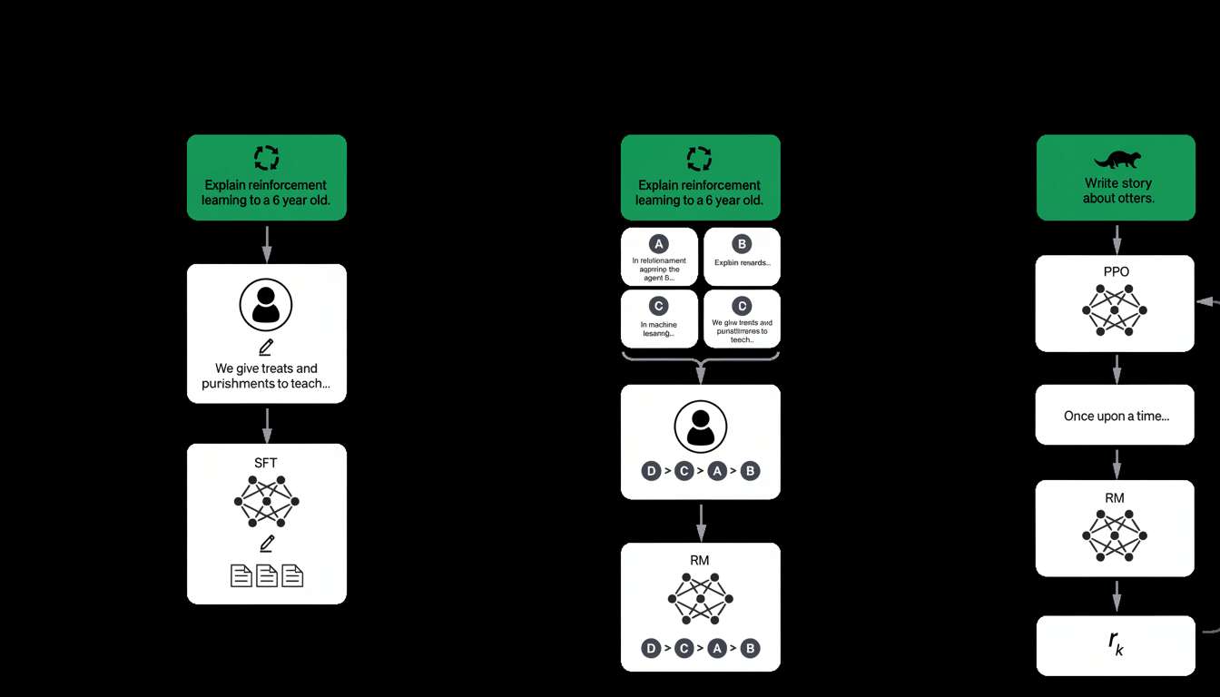 A professional diagram illustrating three different AI reinforcement learning models, each showing a progression from a natural language prompt to a machine learning process .
