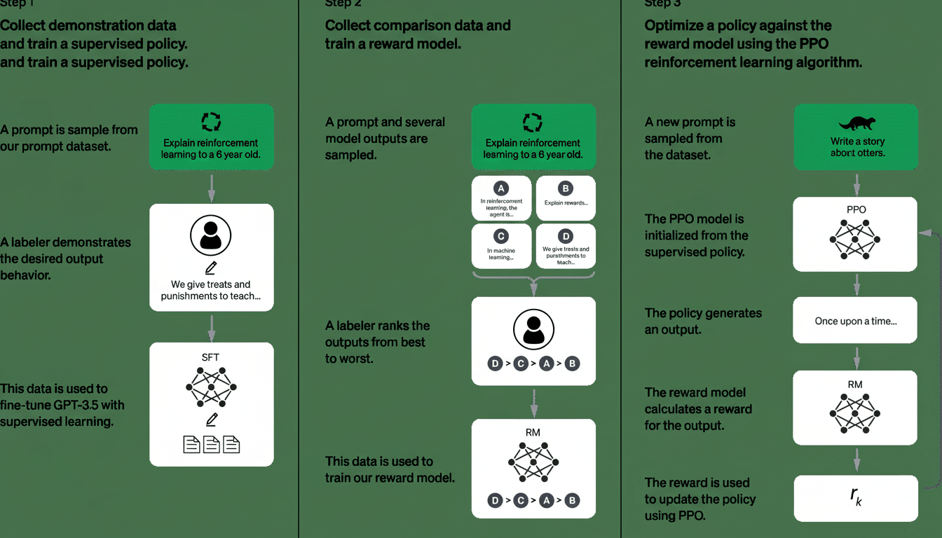 A three-step diagram illustrating the process of optimizing a policy against a reward model using the PPO reinforcement learning algorithm. Step 1 exp