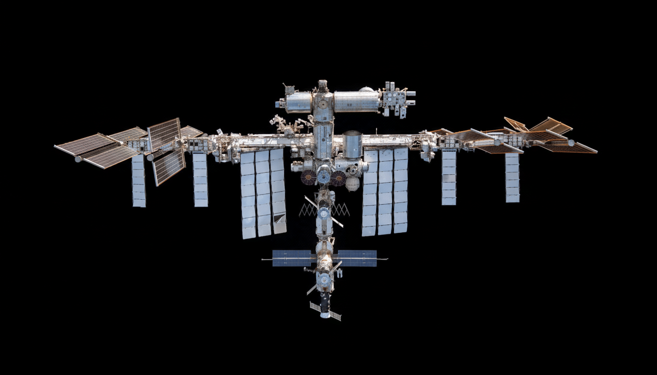 The International Space Station ( ISS) in Earth s orbit, with its array of solar panels and modules visible against the black ness of space.