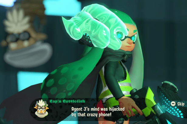 A green-haired Ink ling character from Splatoon, Agent 3, in a dark setting, with a glowing green fist and a dialogue box from Capn C uttlefish.