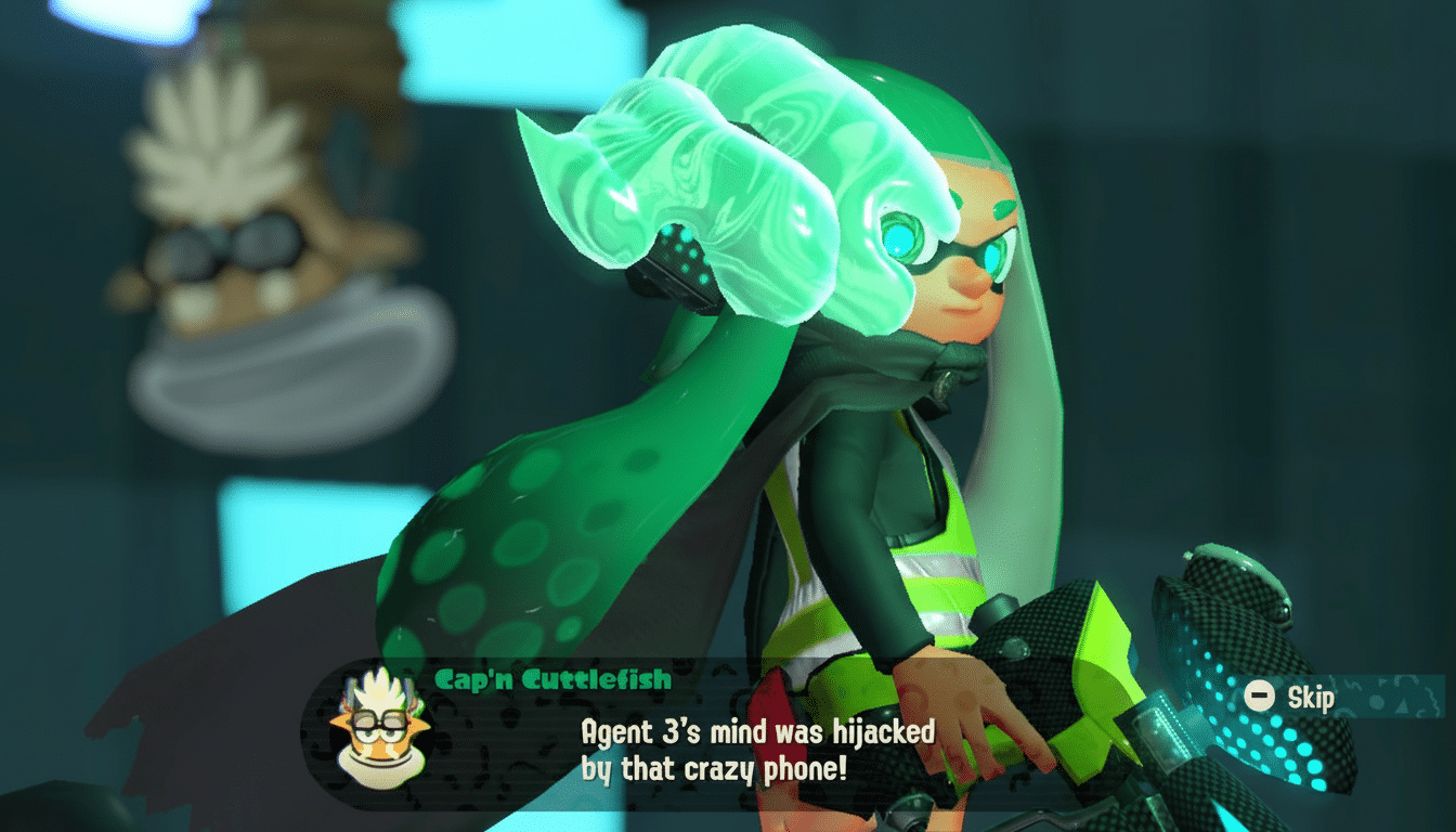 A green-haired Ink ling character from Splatoon, Agent 3, in a dark setting, with a glowing green fist and a dialogue box from Capn C uttlefish.