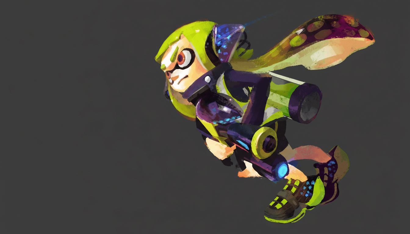 An Ink ling character from Splatoon, with lime green hair and a yellow - orange tent acle, wearing dark blue and neon green gear, holding a weapon, on