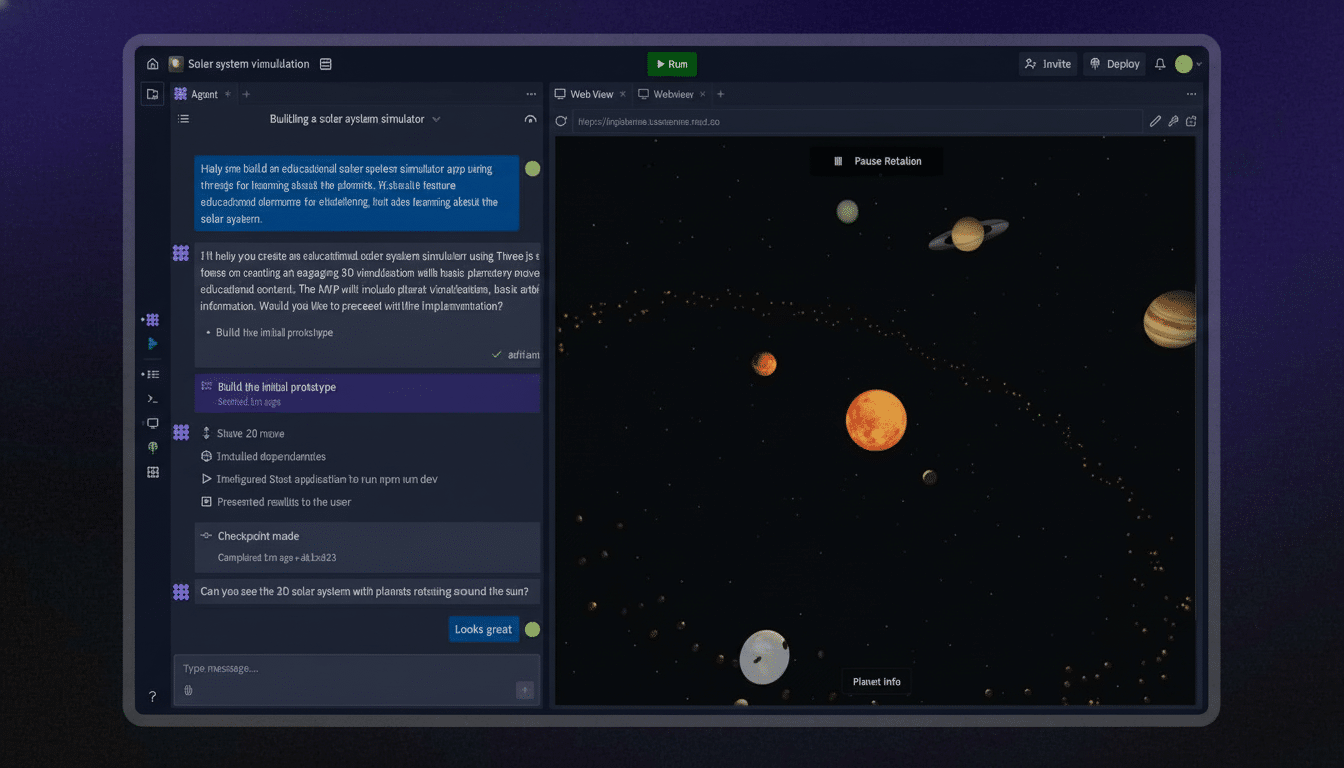 Screenshot of a solar system visualization application open in a web browser within a development environment. The application shows several planets o