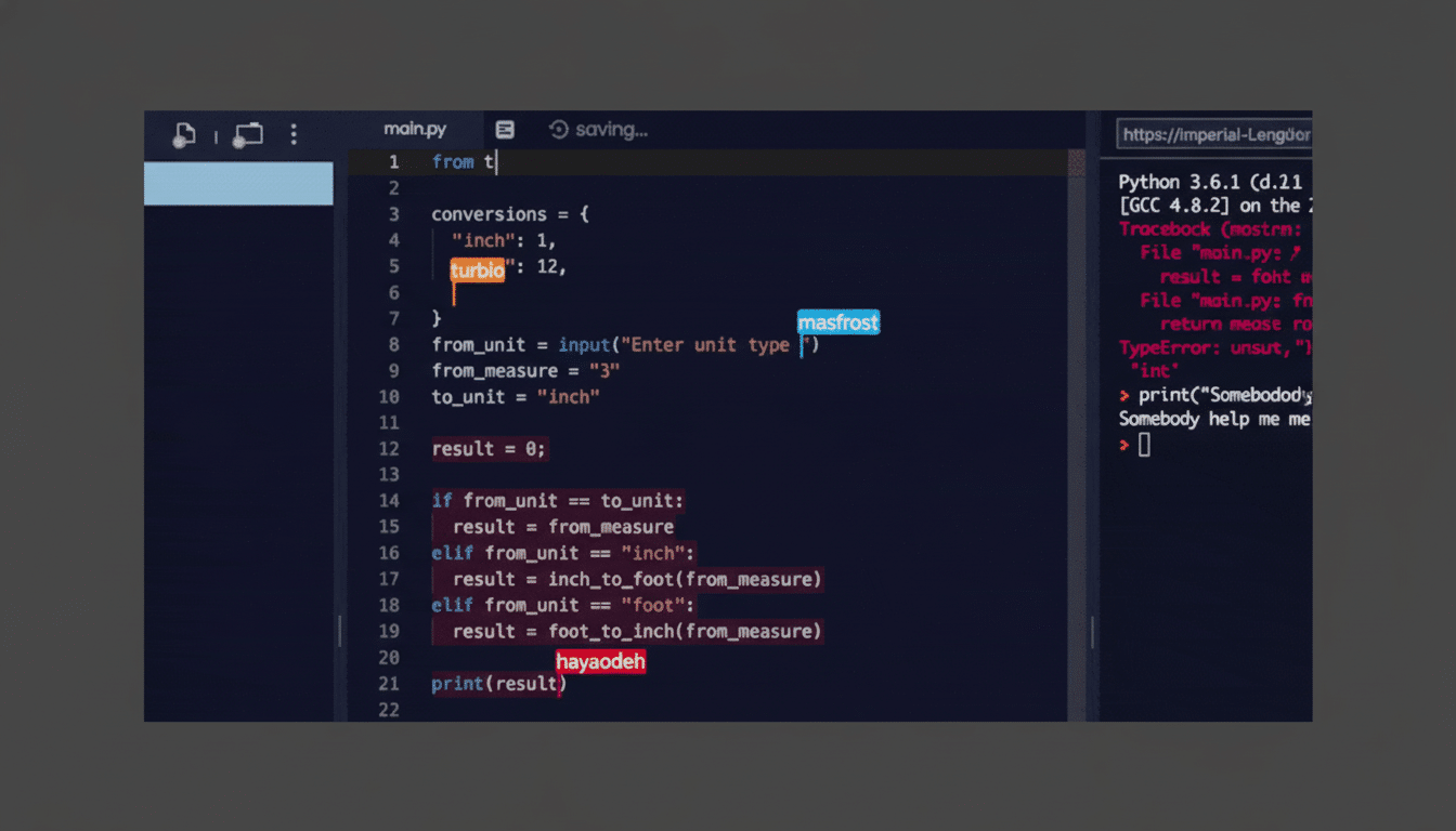 A screenshot of a Python code editor displaying code for unit conversions. The code defines a dictionary conversions and logic to convert between inch