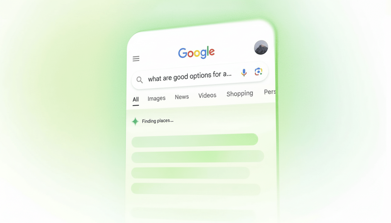 A Google search interface on a smartphone with a search query what are good options for a... and a loading indicator that says Finding places....