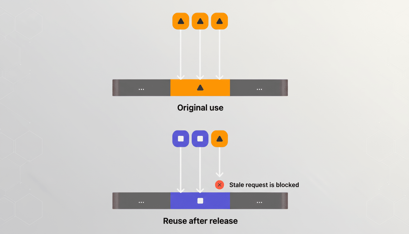 A diagram illustrating Original use where three orange request icons point to an active orange segment, and Reuse after release where two blue icons p