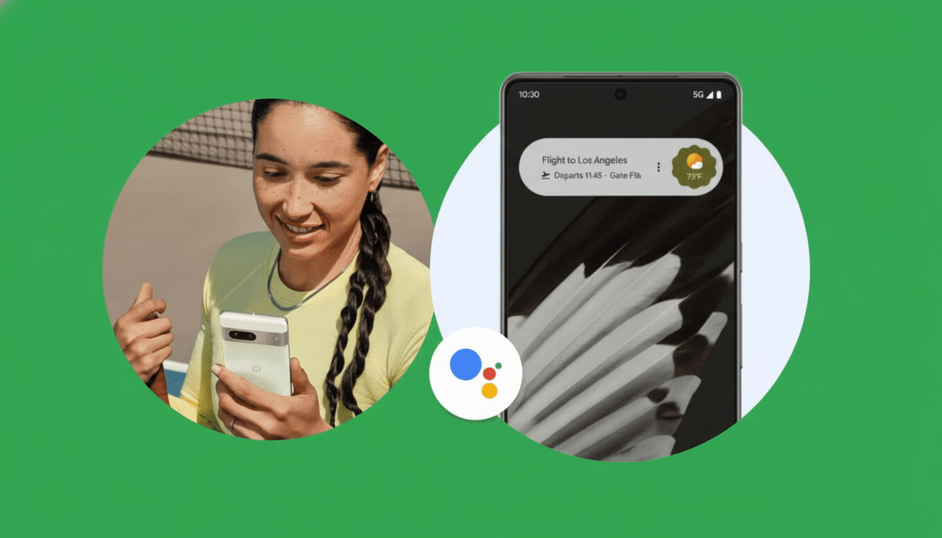 A woman in a yellow shirt holding a white smartphone, next to a close -up of the phones screen showing flight information and a large feather image.