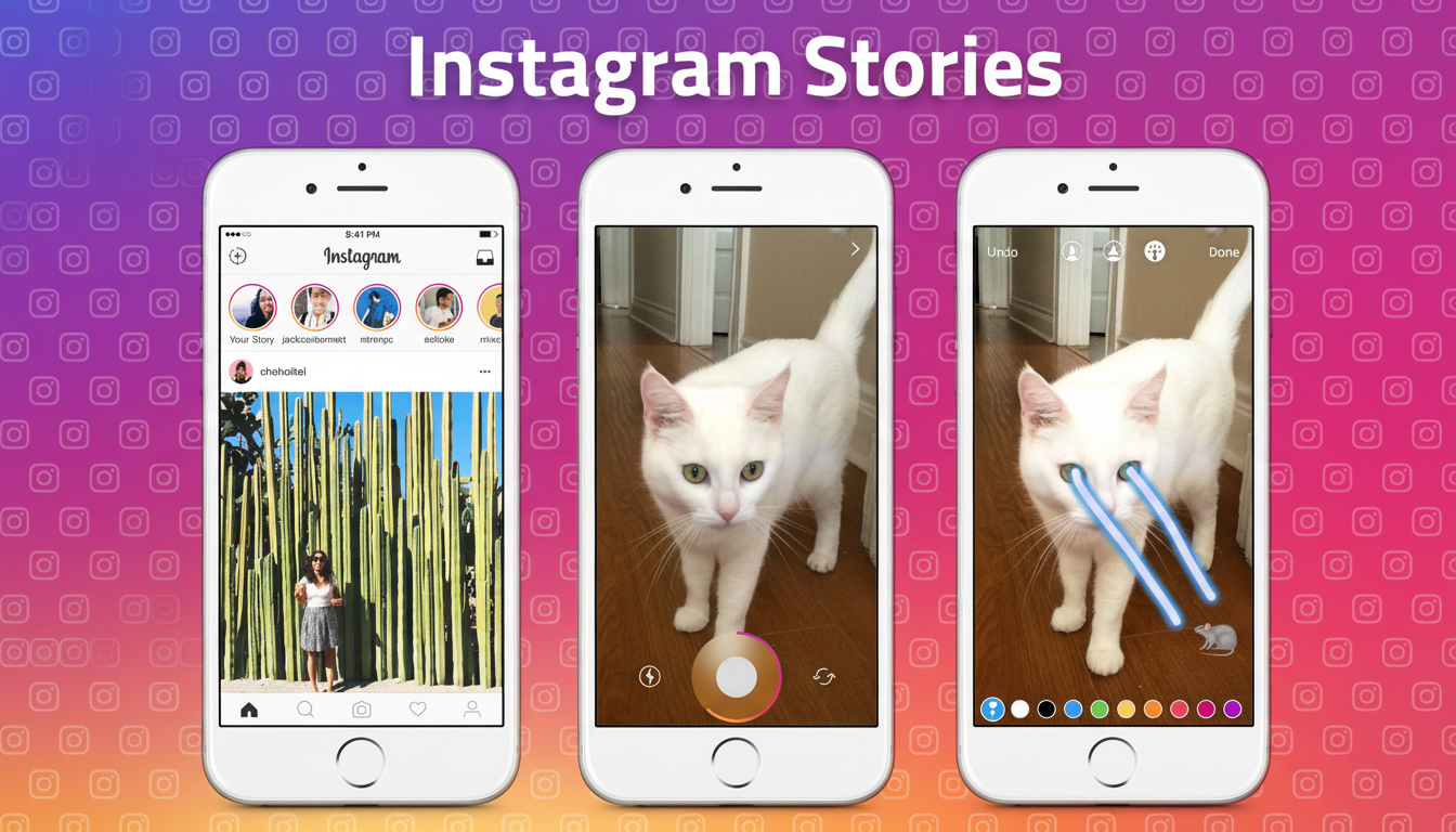Three white iPhones displaying Instagram Stories, with the left phone showing a feed, the middle phone showing a cat in camera mode, and the right phone showing the cat with laser eyes.