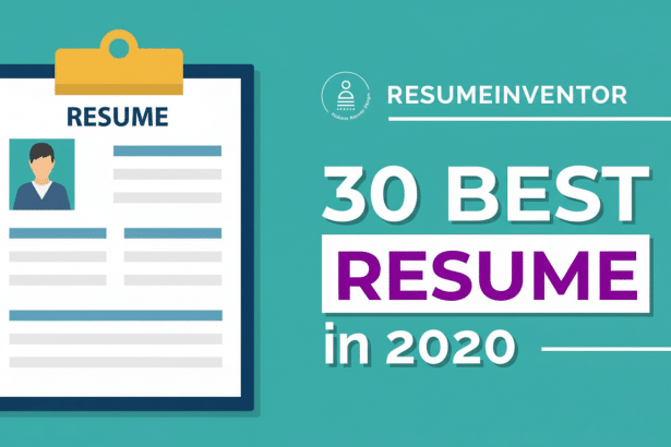 An image featuring a resume document on a clipboard next to the text RES UMEINVENTOR and 3 0 BEST RESUME in 20 20, all on a teal background .