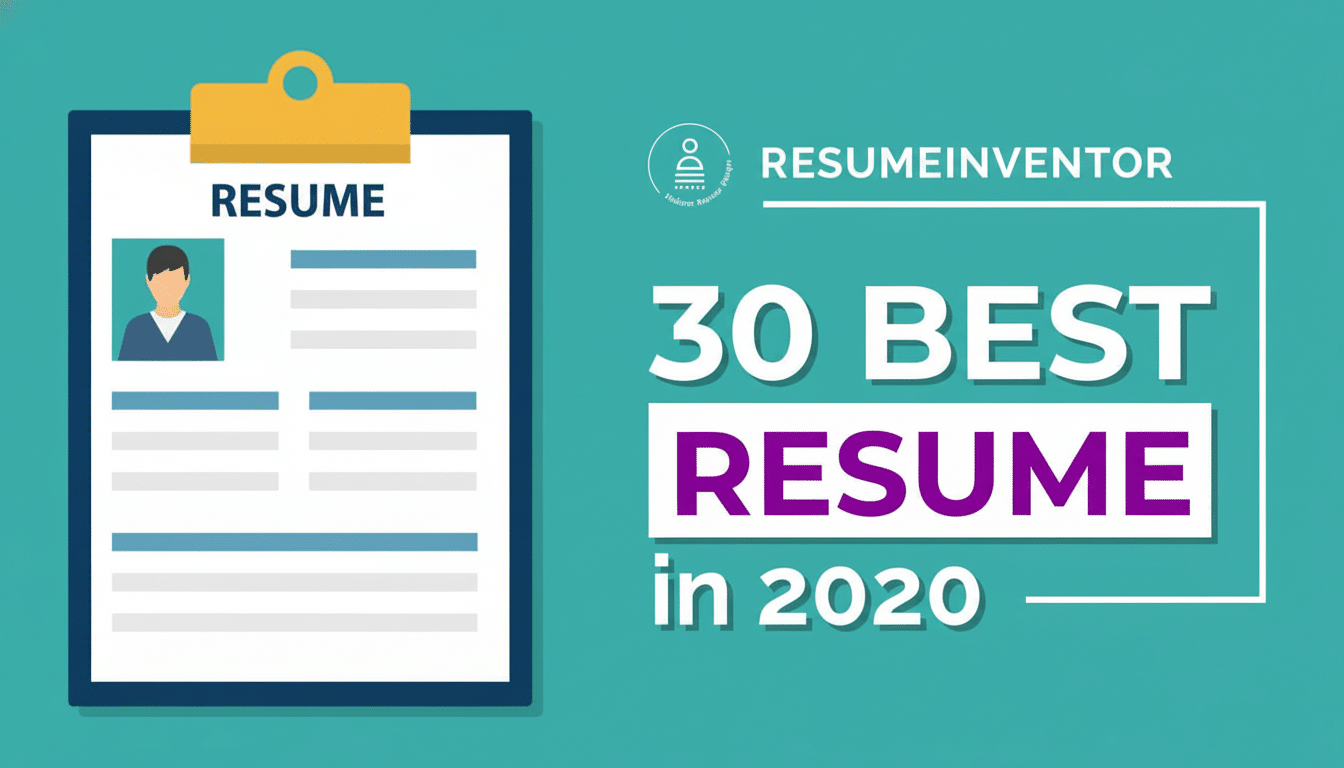 An image featuring a resume document on a clipboard next to the text RES UMEINVENTOR and 3 0 BEST RESUME in 20 20, all on a teal background .