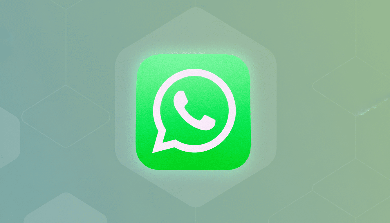 The WhatsApp logo, a white phone icon in a speech bubble on a vibrant green square with rounded corners, is centered against a professional flat design background featuring soft , subtle geometric patterns in muted green and grey tones . The logo maintains its original texture and glow , while the background provides a clean and enhanced presentation .