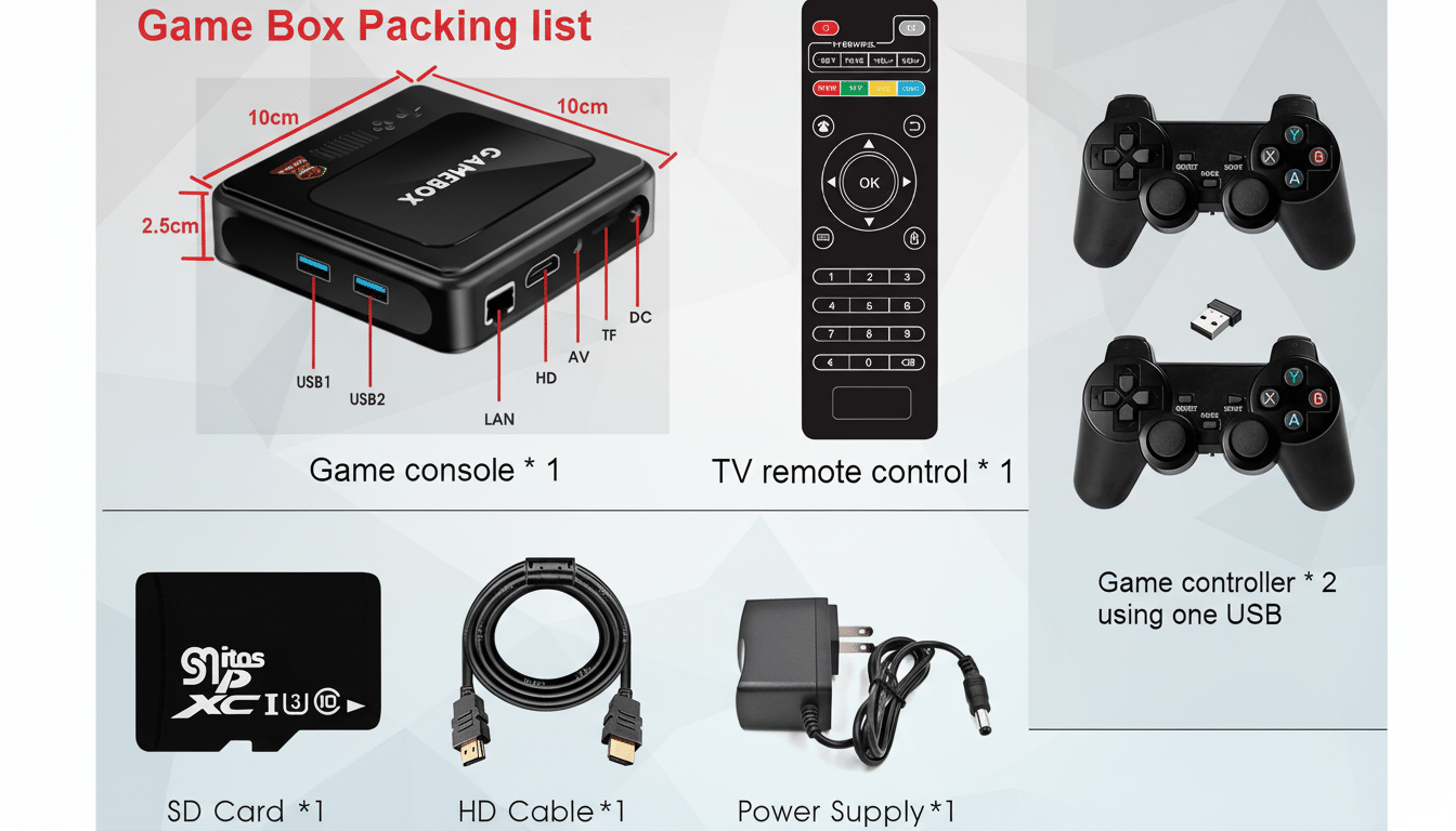 A professional 16: 9 image showing the contents of a game box packing list, including a game console with dimensions, a TV remote control, two game co
