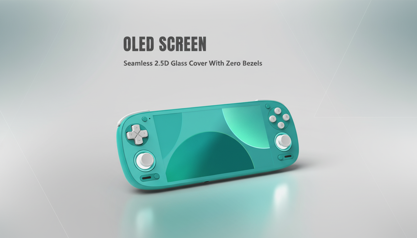 A teal handheld gaming console with white joysticks and buttons, featuring an OLED screen and text that reads OLED SCREEN Seamless 2.5D Glass Cover With Zero Bezels, presented on a professional light gray background with subtle geometric patterns.