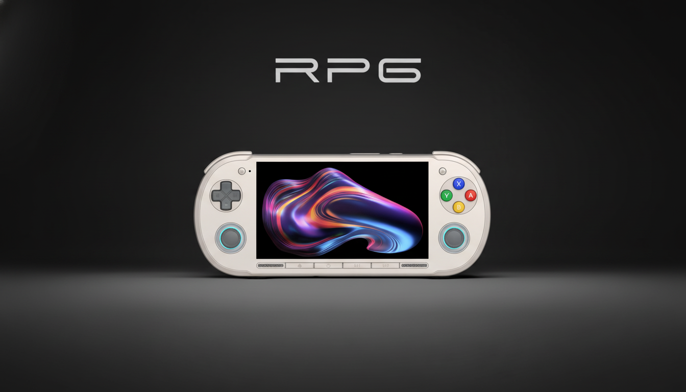 A white handheld gaming console with a vibrant, colorful abstract image on its screen, set against a dark gray background with the text RPG above it.