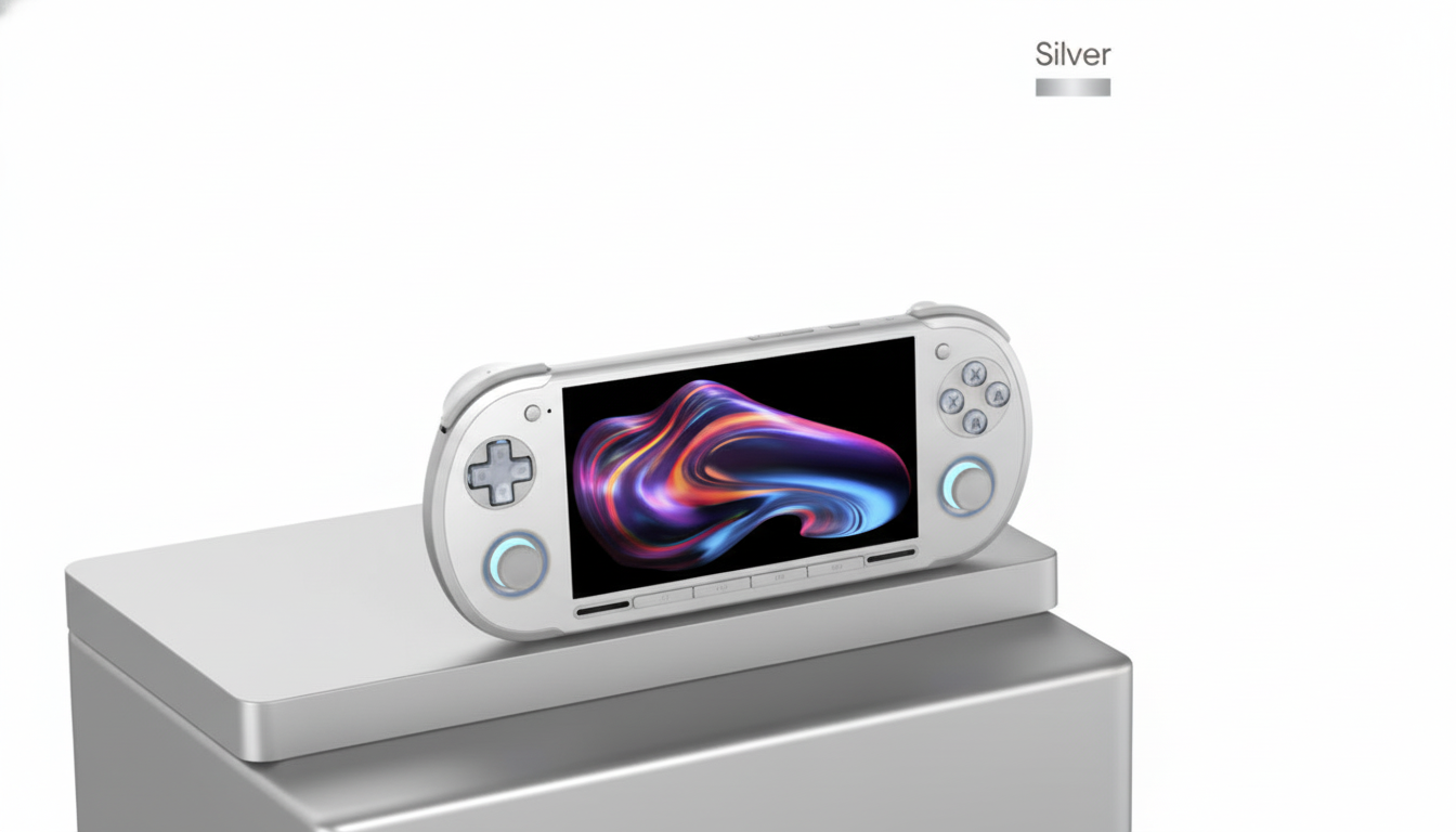 A silver handheld gaming console with a vibrant, abstract image on its screen, resting on a silver rectangular block against a white background.