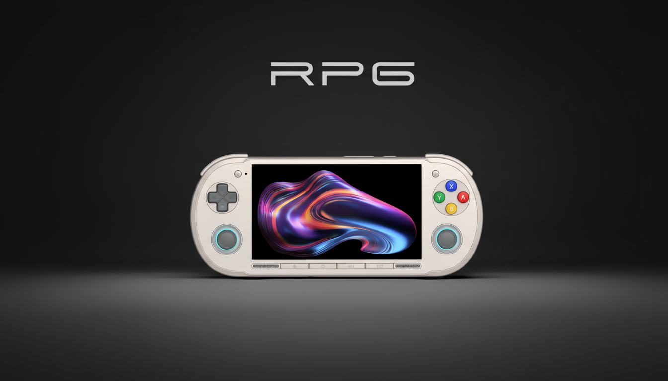 A white handheld gaming console with a colorful, abstract image on its screen, centered against a dark gray background with the text RPG above it.