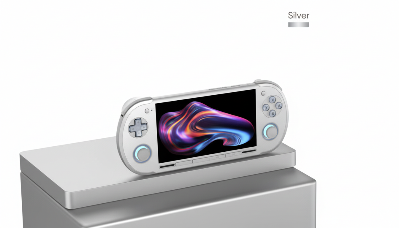 A silver handheld gaming console with a vibrant, abstract image on its screen, resting on a silver rectangular stand against a white background.