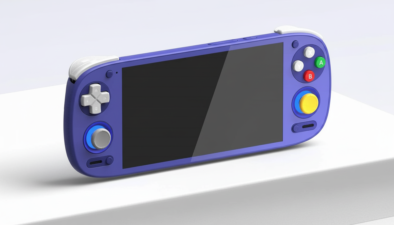 A purple handheld gaming console with a black screen, white joysticks, and colorful buttons, resting on a white surface.