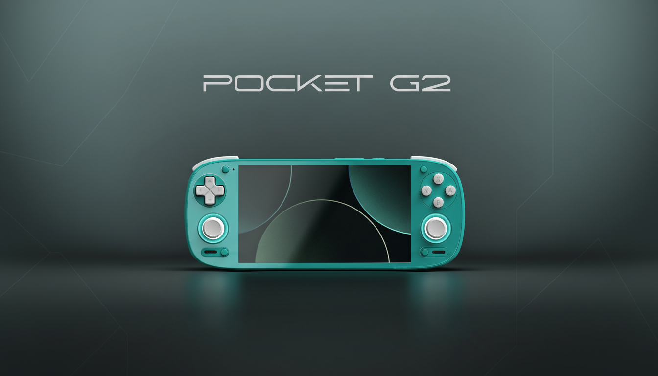 A teal Pocket G2 handheld gaming console with white accents, featuring a screen displaying abstract circular patterns, centered against a dark gray background with subtle gradient lighting.