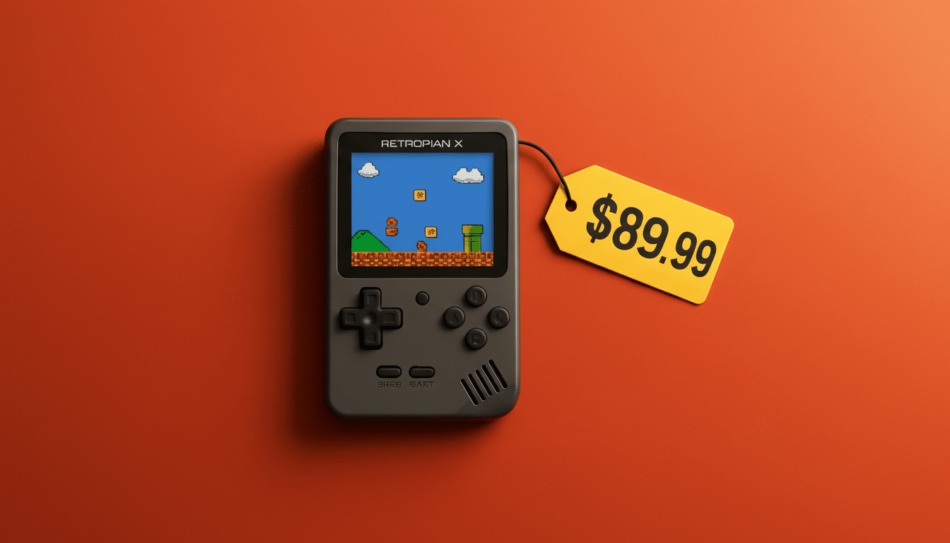A grey retro handheld gaming console with  RET RO PIAN X on top , displaying a pixelated game resembling Super Mario Bros. The console is on a reddish -orange background, next to a yellow price tag that reads . 99.