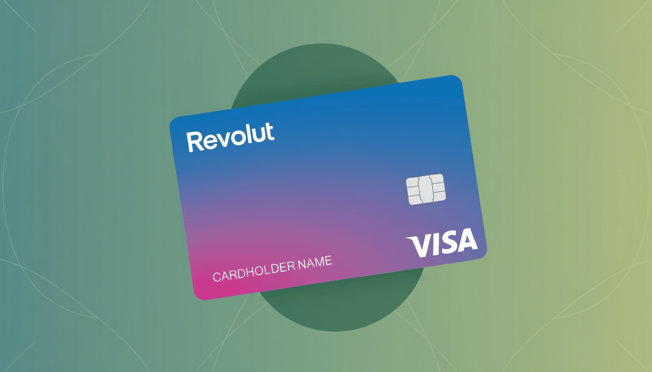 A Revol ut Visa debit card with a blue and pink gradient on a green background with subtle, organic line patterns.