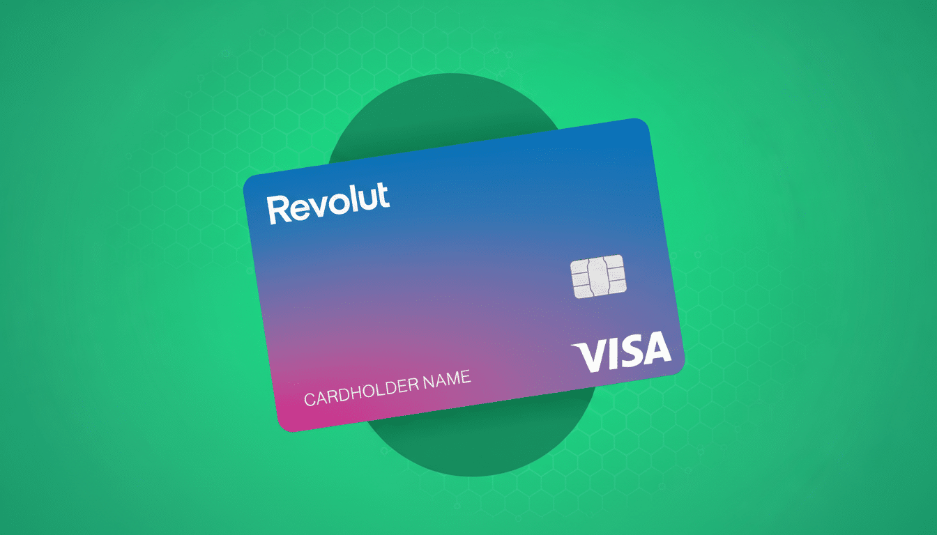 A professional , 16 :9 aspect ratio image of a Revol ut Visa card with a blue and pink gradient, cen
