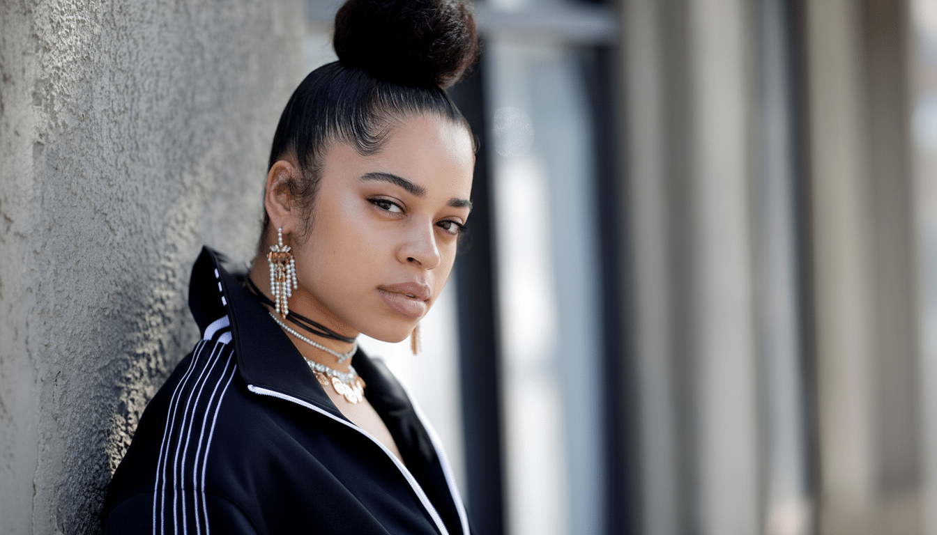 A young woman with dark hair pulled into a bun , wearing a black track jacket and distinctive gold and white earrings and necklaces , leans against a textured grey wall with a blurred background of a building.