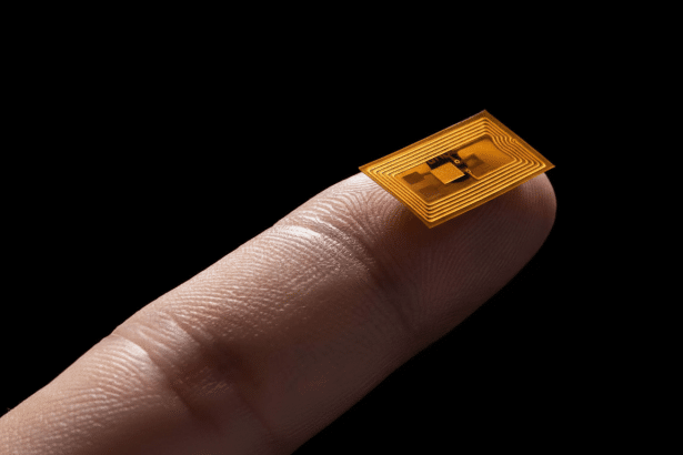 A small, rectangular, translucent orange RFID chip with visible circuitry resting on the tip of a human finger against a black background.