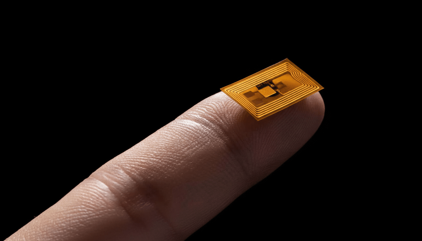 A small, rectangular, translucent orange RFID chip with visible circuitry resting on the tip of a human finger against a black background.