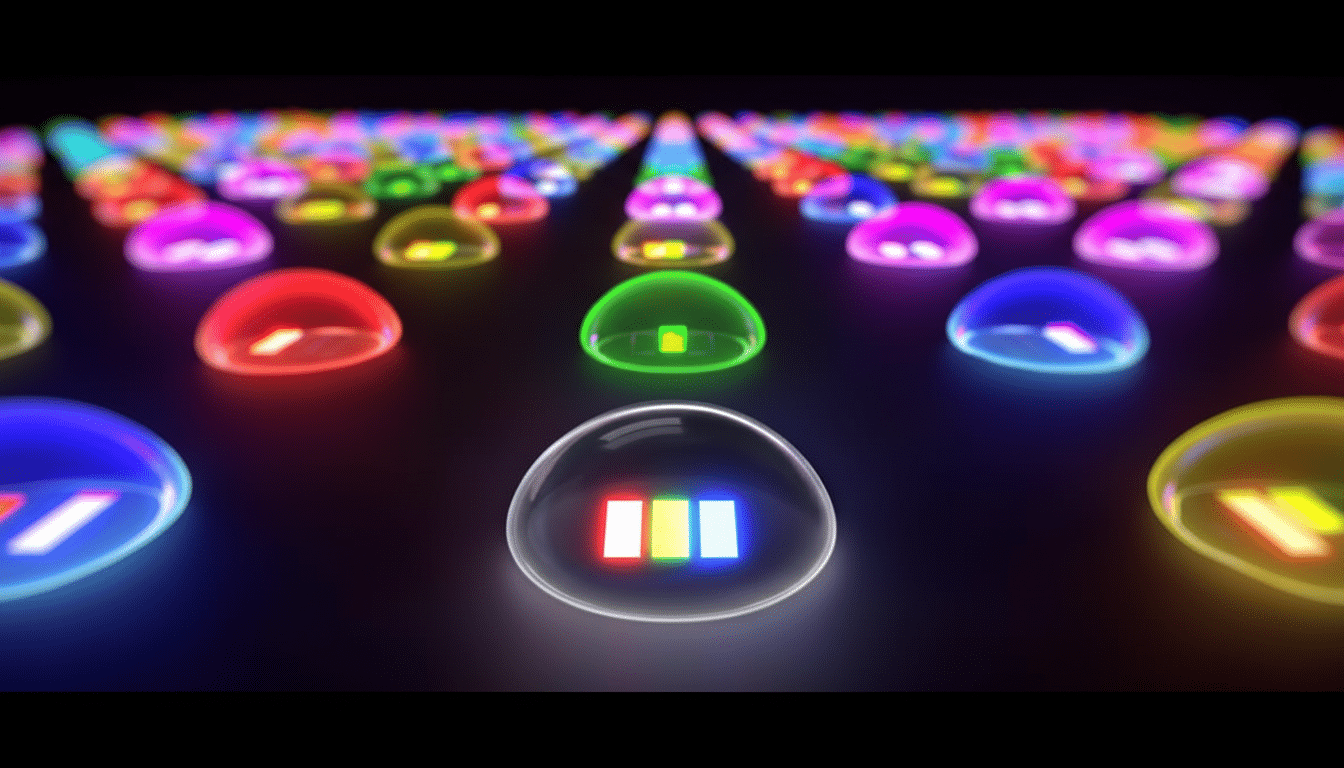 A professional 16: 9 image showing a close -up of a clear dome with three glowing vertical bars in red, yellow, and blue, surrounded by numerous other