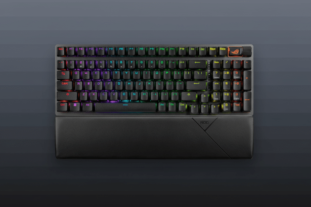 A top -down view of a mechanical keyboard with RGB back lighting and a detachable wrist rest, set against a professional gradient background. Filename : rgb mechanicalkeyboard .png