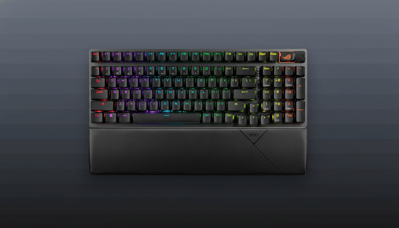 A top -down view of a mechanical keyboard with RGB back lighting and a detachable wrist rest, set against a professional gradient background. Filename : rgb mechanicalkeyboard .png