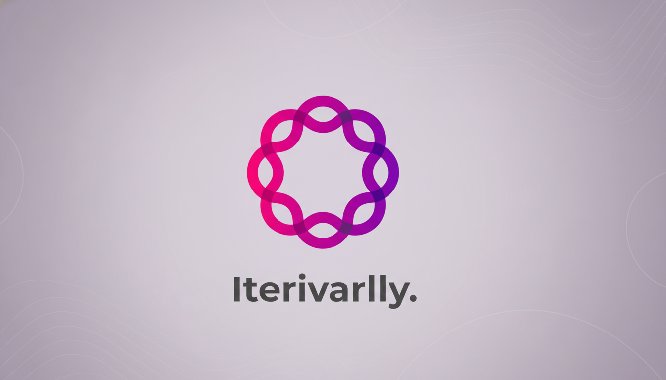 A professional 16:9 aspect ratio image featuring a pink and purple intertwined circle logo with the word Iterivarilly. below it, set against a soft gray background with subtle wave patterns.