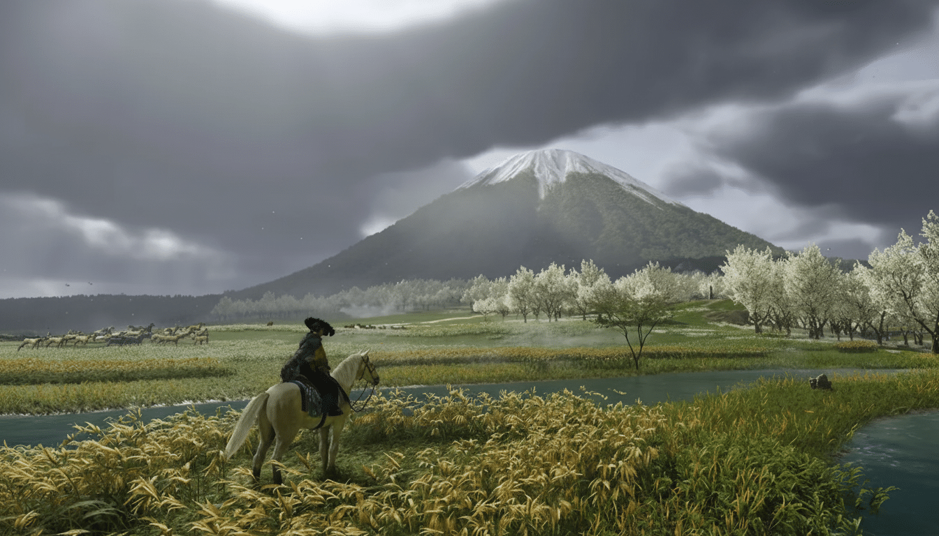A lone rider on a white horse, seen from behind, traveling through a vibrant green and golden field alongside a river. In the distance, a large snow-c