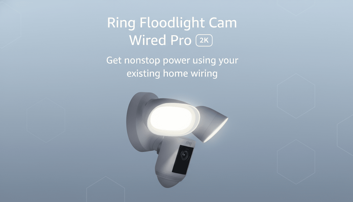 A professional image of the Ring Flood light Cam Wired Pro 2K, a white security camera with two bright flood lights, mounted on a wall . The image has a clean , soft blue - grey background with subtle hexagonal patterns and text overlay ing the top , describing the product. Filename : ringflood lightcam wiredpro 2k.png