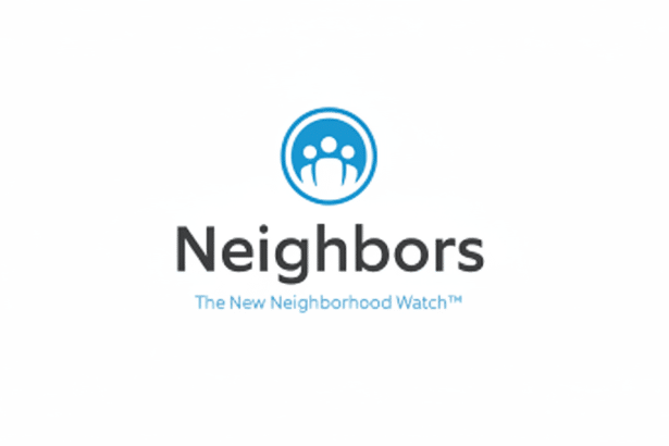 Neighbors app logo with a blue icon depicting three stylized people inside a circle , above the word Neighbors in dark gray and The New Neighborhood Watch™ in a lighter blue, all on a white background , resized to 16 :9 aspect ratio .